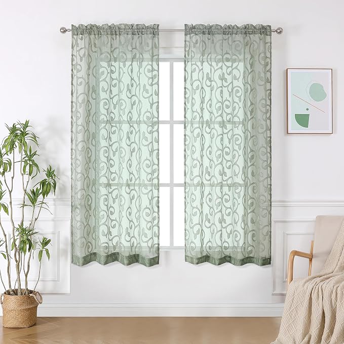 OWENIE Furman Sage Green Sheer Curtains 45 Inch Length 2 Panels Set by OWENIE