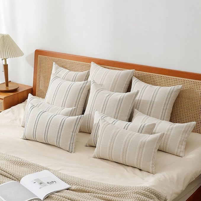 Hckot Decorative Navy Pillow Covers 18x18 Striped Throw Pillows Textured Linen - Image 7