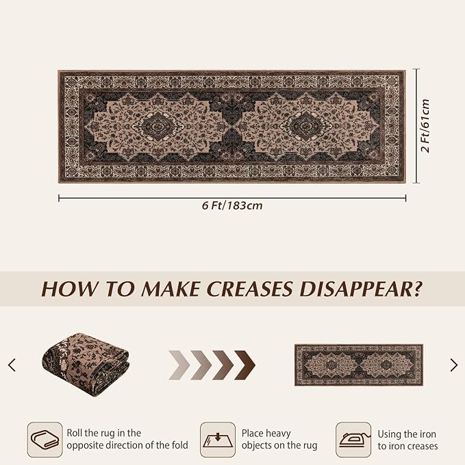 Runner Rug for Bedroom, 2x6Ft Machine Washable Area Rugs, Vintage Non-Slip Low - Image 2