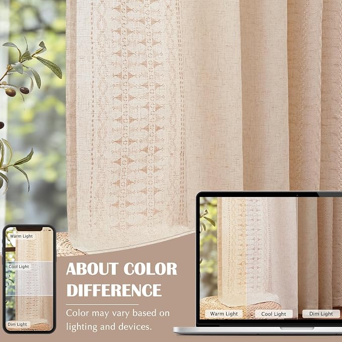 jinchan Boho Curtains for Bedroom Beige Linen Blend Curtains Farmhouse - Image 7