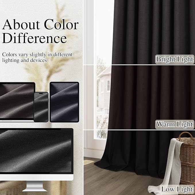 Guken Black 100% Blackout Linen Curtains 72 Inch Length 2 Panels Set - Image 7