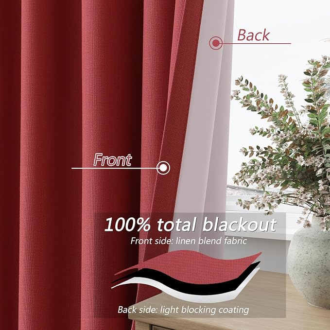 Guken Red 100% Blackout Linen Curtains 72 Inch Length 2 Panels Set - Image 3