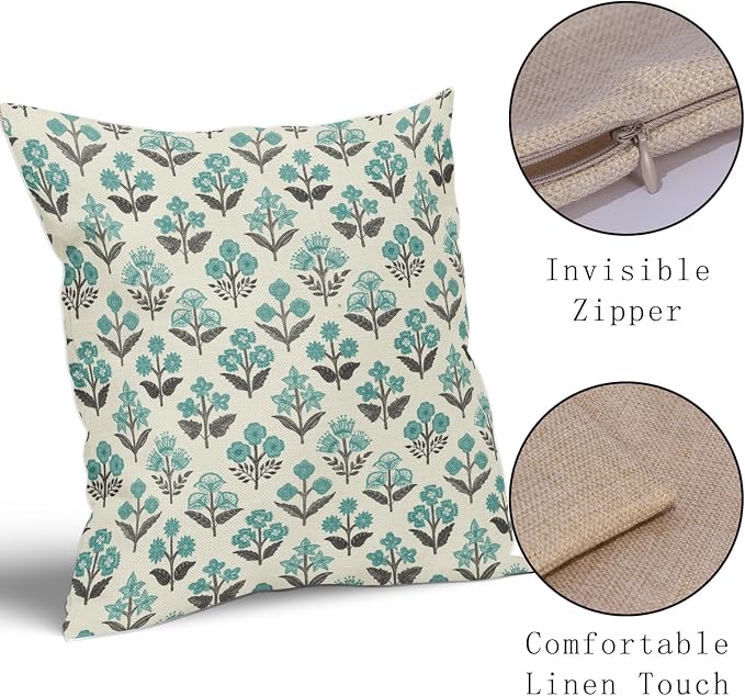 Black Teal Floral Pillow Covers 18x18 Inch Set of 2, Spring Summer Vintage - Image 4
