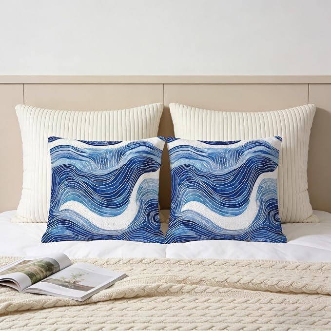 Navy Blue and White Wavy Throw Pillow Covers 18x18 Set of 2, Modern Abstract - Image 5
