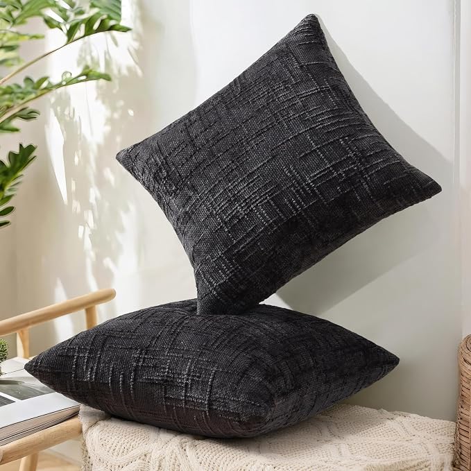 decorUhome Black Chenille Euro Sham Throw Pillow Covers 26x26 Set of 2 Textured - Image 6