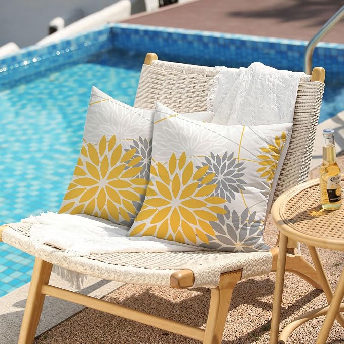 DFXSZ Yellow and Grey Floral Pillow Covers 16x16 Set of 2 Outdoor Waterproof - Image 2