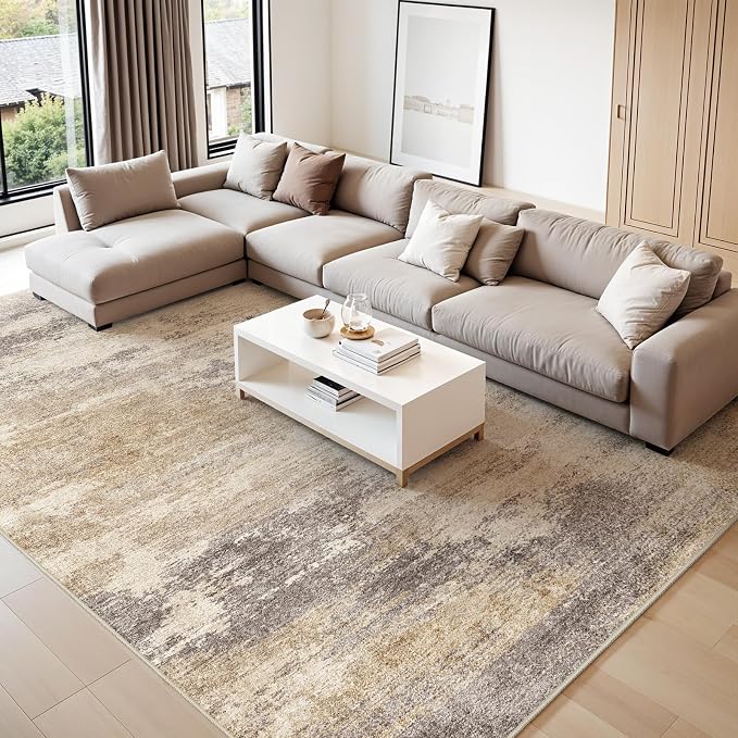 Washable Abstract 9x12 Area Rug: Low Pile and Non-Slip Rubber Backing Modern - Image 3