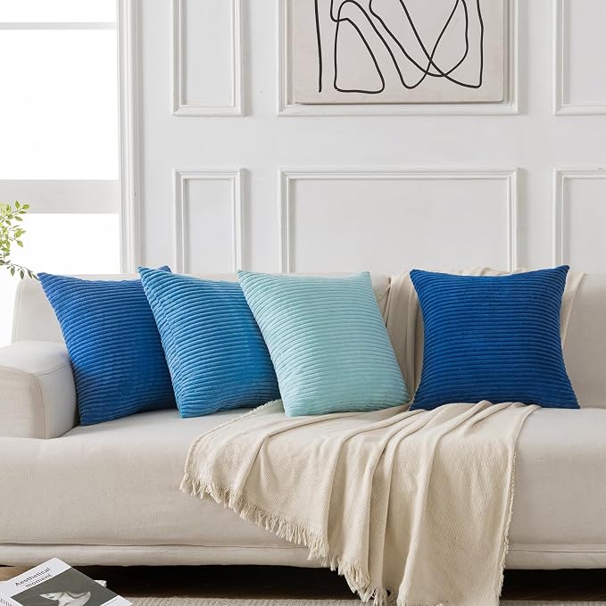 Volcanics Set of 4 Light Blue Corduroy Decorative Couch Throw Pillow Covers - Image 6