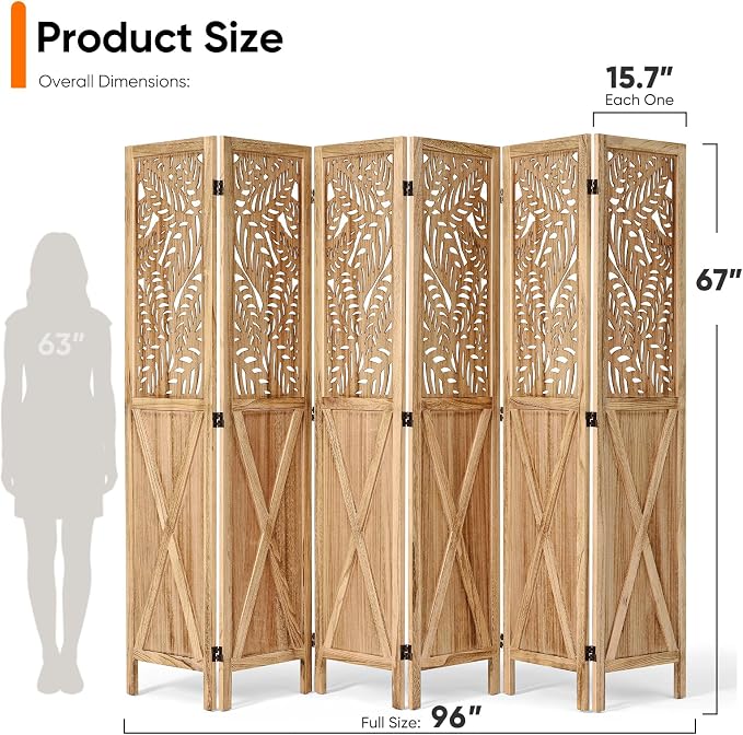 Boho Room Divider with Leaves Carving, 6-Panel Openwork Wood Screen, Decorative - Image 2