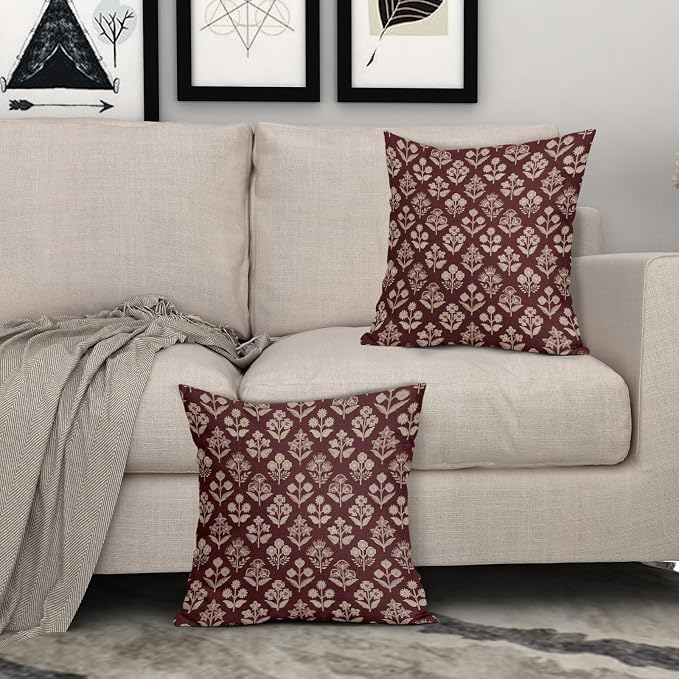 Burgundy Red Floral Pillow Covers 22x22 Inch Set of 2, Vintage Flower Block - Image 3