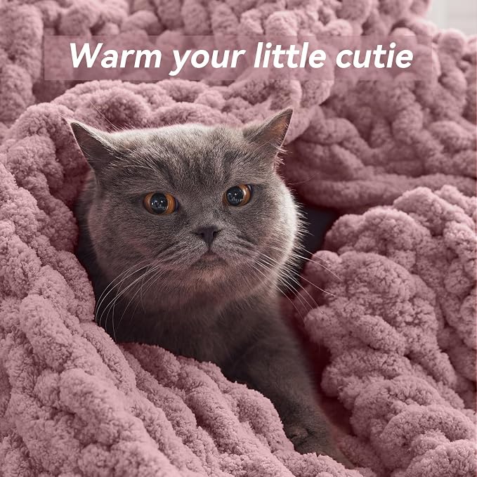 Negwoo Chunky Knit Throw Blanket, Handmade Muted Pink Crochet Big Thick Blanket - Image 3