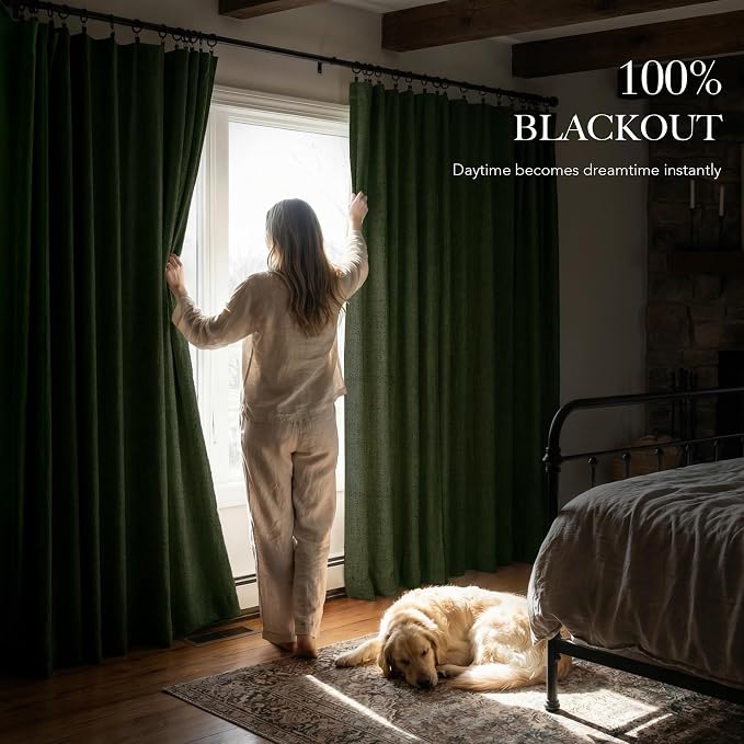 RYB HOME Olive Green 100% Blackout Linen Curtains 108 inches Long, Luxury - Image 3
