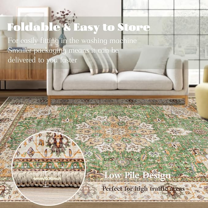 Area Rug 5x7 Washable Rug, Vintage Boho Medallion Rugs Non-Slip Soft Low Pile - Image 6