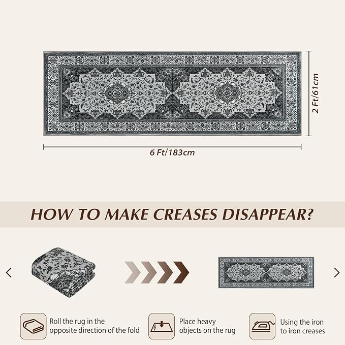 Runner Rug for Bedroom, 2x6Ft Machine Washable Area Rugs, Vintage Non-Slip Low - Image 2