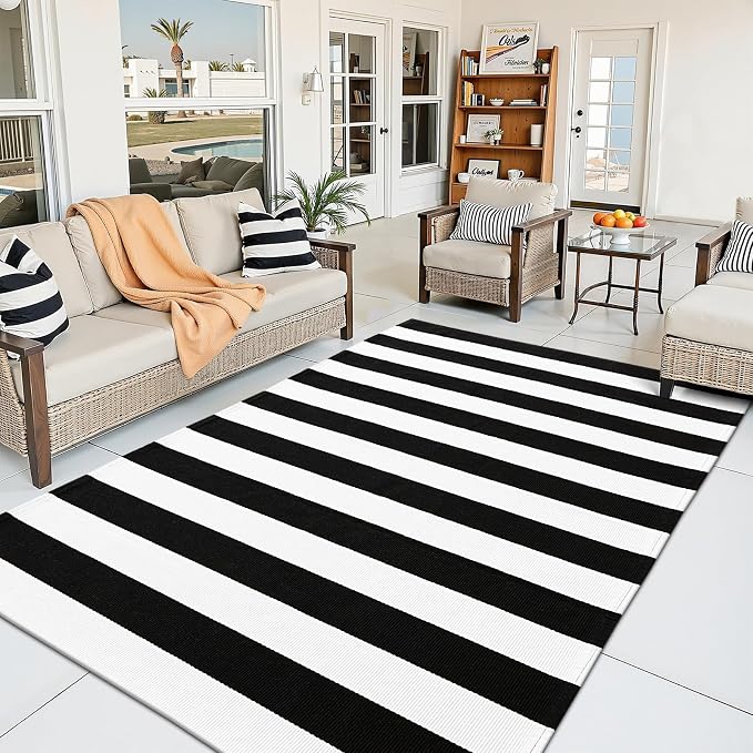OLANLY Black and White Striped Rug 3' x 5' – Washable Cotton Indoor Outdoor - Image 3