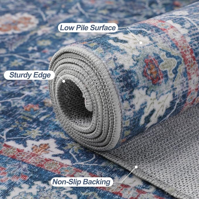 Tangsoo 5x7 Area Rug for Living Room Non Slip, Washable Vintage Blue Floral Rug - Image 6