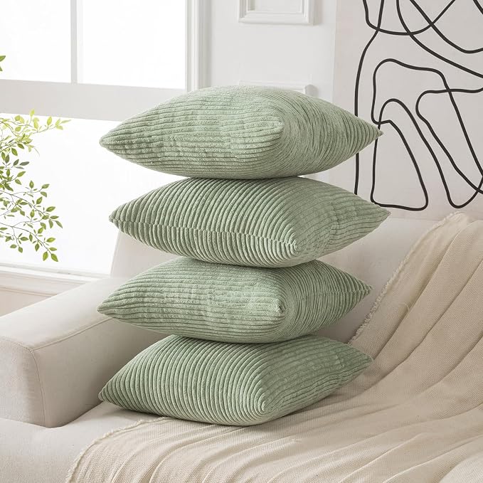 Volcanics Set of 4 Sage Green Corduroy Decorative Couch Throw Pillow Covers - Image 3