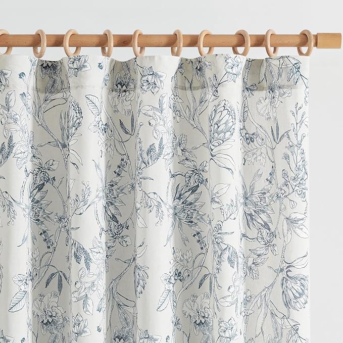 jinchan Floral Curtains 90 Inch Length Blue Flower Linen Farmhouse Curtain by JINCHAN