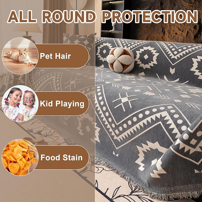 VClife Bohemian Tribal Sofa Cover Gray White Aztec Geometric Pattern Couch Cover - Image 5