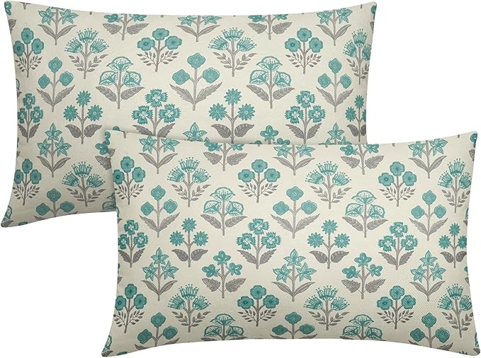 Teal Grey Gray Floral Pillow Covers 12x20 Inch Set of 2, Block Print Lumbar by Sivirary