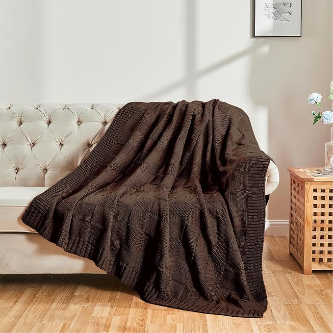 CozeCube Check Knit Throw Blanket, Dark Brown Checkered Throw - Image 4