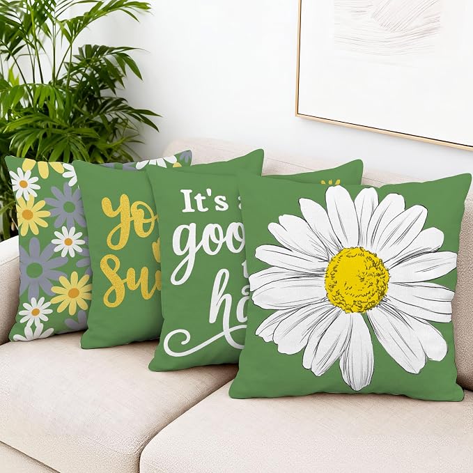 Hexagram Spring Summer Pillow Covers 18x18 Set of 4, Outdoor Floral Daisy - Image 2