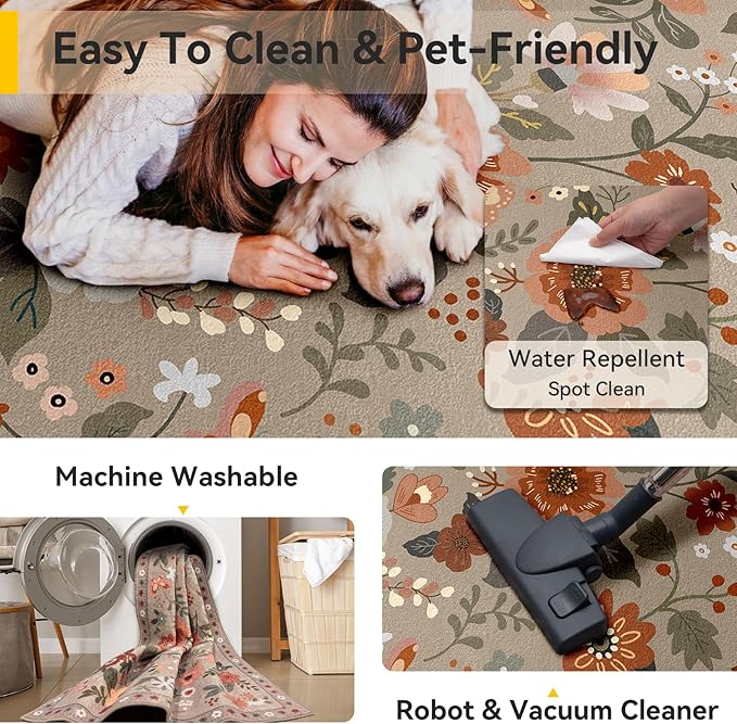 RELEANY Floral Nursery 6x9 Area Rugs Washable Print Boho Cute Carpet Non Slip - Image 5