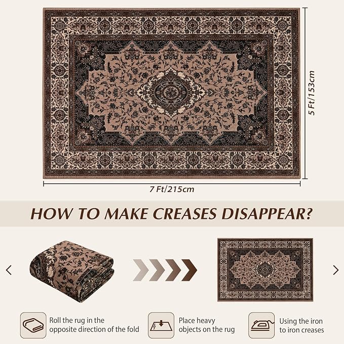 Area Rug for Living Room, 5x7Ft Machine Washable Vintage Brown Rugs for Bedroom - Image 2