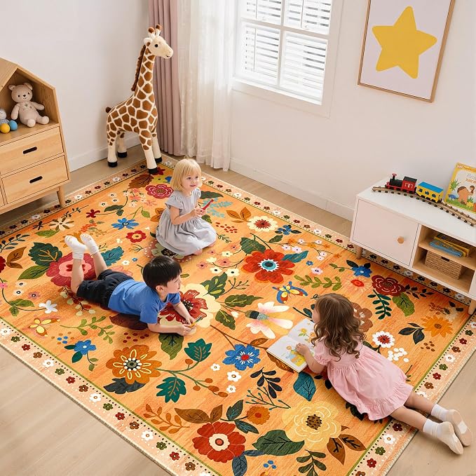RELEANY Floral Nursery 5x7 Area Rugs Washable Print Boho Cute Carpet Non Slip - Image 8