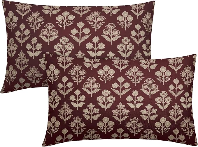 Burgundy Pillow Covers 12x20 Inch Set of 2, Cream Floral Block Print Pattern by Sivirary