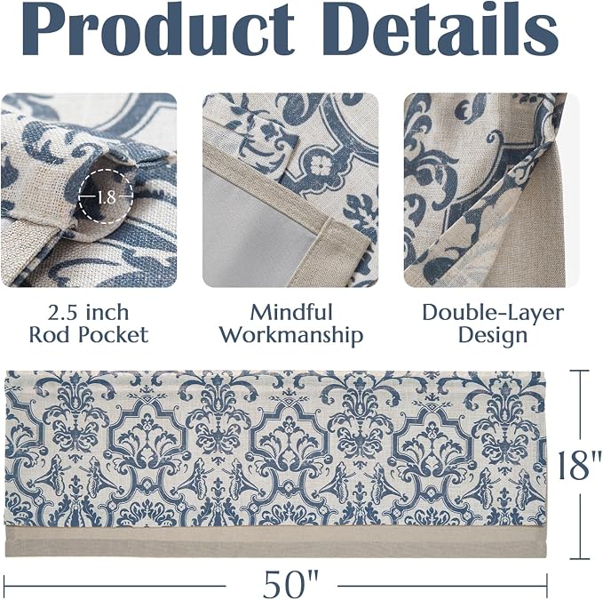 jinchan Linen Valance Curtain for Kitchen Vintage Damask Floral Blackout - Image 6
