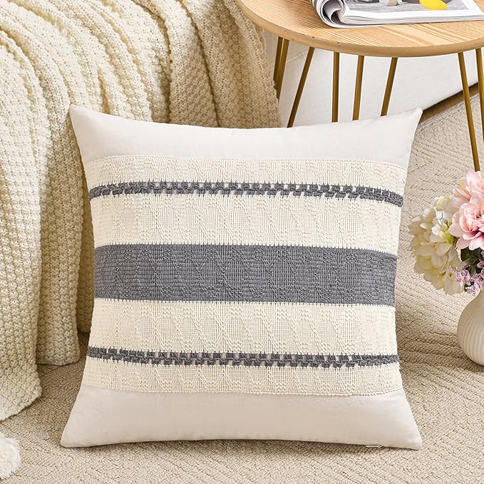 Fancy Homi Set of 1 Neutral Grey Farmhouse Decorative Throw Pillow Covers 20x20 by Fancy+Homi