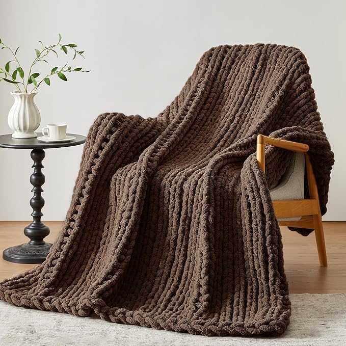 Negwoo Chunky Knit Throw Blanket, Handmade Dark Brown Crochet Big Thick Blanket by Unknown