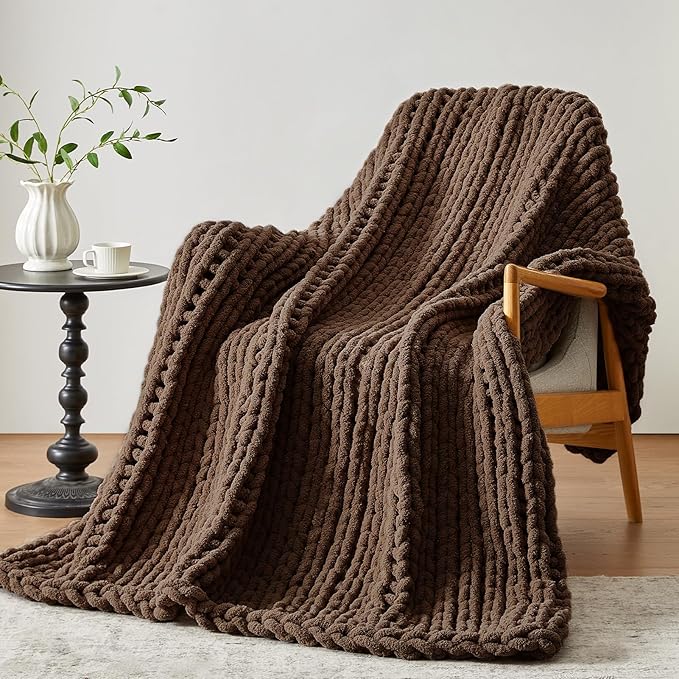 Negwoo Chunky Knit Throw Blanket, Handmade Dark Brown Crochet Big Thick Blanket by Unknown
