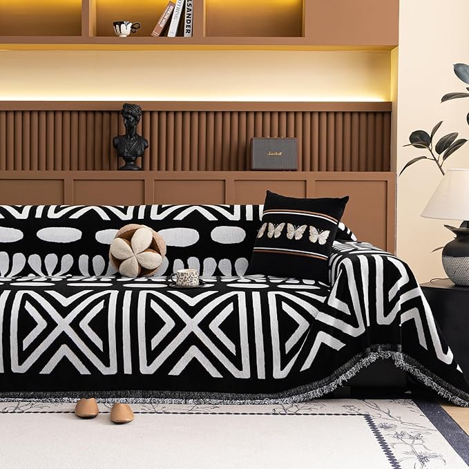 VClife Minimalism Tribal Couch Cover Non Slip White Black Geometric Jacquard by VCLIFE