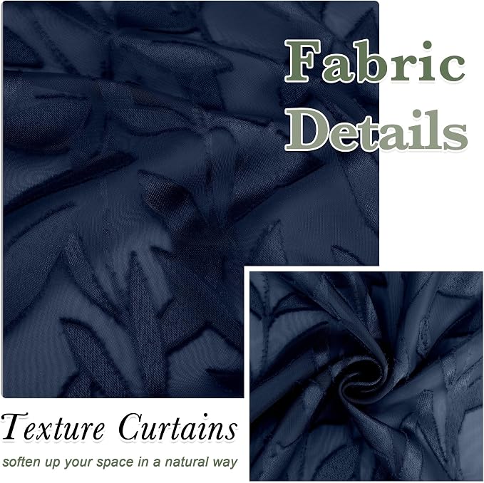 Lecloud Leia Navy Blue Sheer Kitchen Curtains 30 Inch Length 2 Pcs, Leaf - Image 4