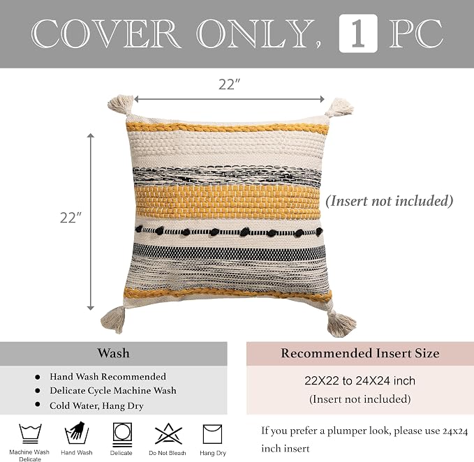 BlissBlush Boho Decorative Throw Pillow Cover 22x22 Square Yellow Mustard - Image 4