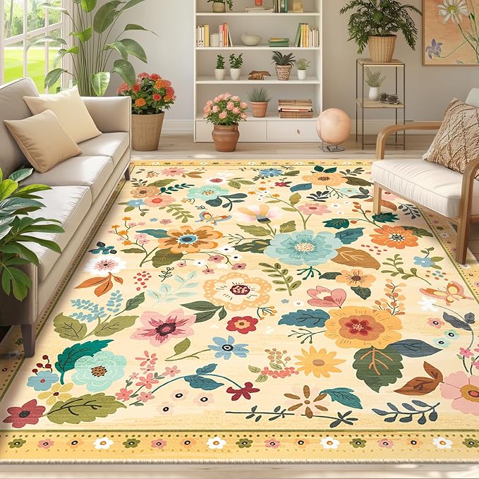 RELEANY Floral Nursery 8x10 Area Rugs Washable Print Boho Cute Carpet Non Slip - Image 2