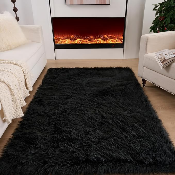 Fluffy Faux Fur Rug Black Sheepskin Area Rug, 2x4 Ft Ultra Soft Shaggy Plush Rug by CKLZSAY