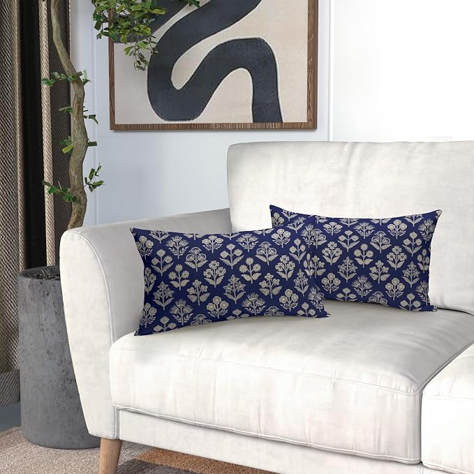 Navy Blue Pillow Covers 12x20 Inch Set of 2, Cream Floral Block Print Pattern - Image 6