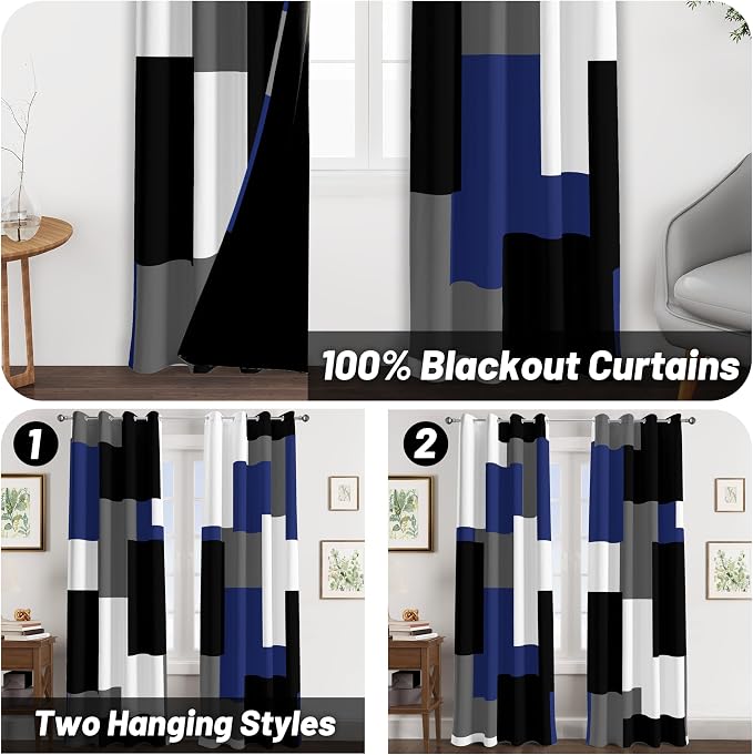 Tyrot Navy Blue Grey 100% Blackout Curtains - Image 2