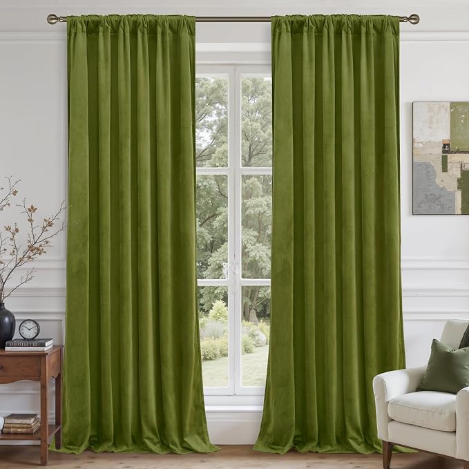 LAMIT Moss Green Velvet Blackout Curtains 84 Inch, Vintage Thermal Insulated - Image 2
