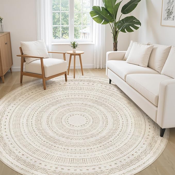 cotiled 8x8 Round Area Rug Living Room: Washable Boho Rugs - Image 3