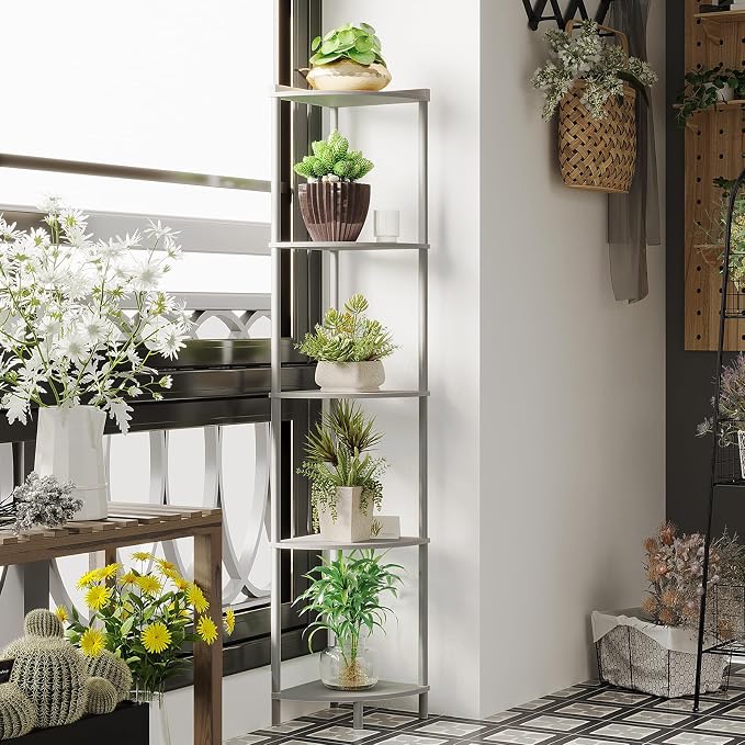 SUNMORY 5 Tier Corner Shelf Stand, Industrial 65" Corner Shelves Display Shelf - Image 4
