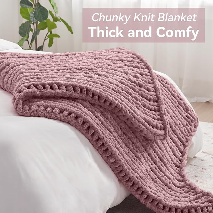 Negwoo Chunky Knit Throw Blanket, Handmade Muted Pink Crochet Big Thick Blanket - Image 7