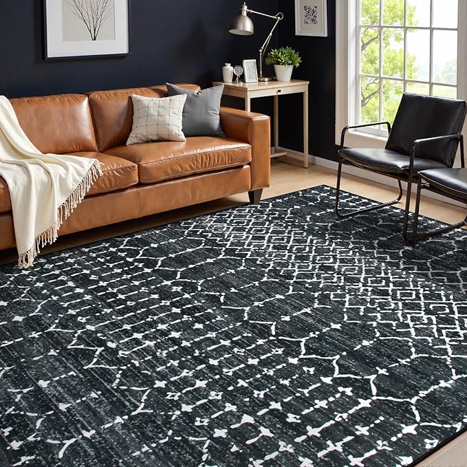 Lahome Moroccan Black 9x12 Rug for Living Room, Washable Non-Slip Ultra-Thin by Lahome