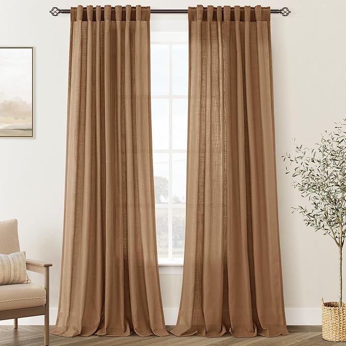 Brown Curtains for Living Room Back Tab Modern Farmhouse Semi Sheer Curtains 90 by Jolilight