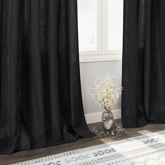 Black Linen Textured 96 Inch Curtains 2 Panel Set Back Tab Rod Pocket Sheer - Image 6