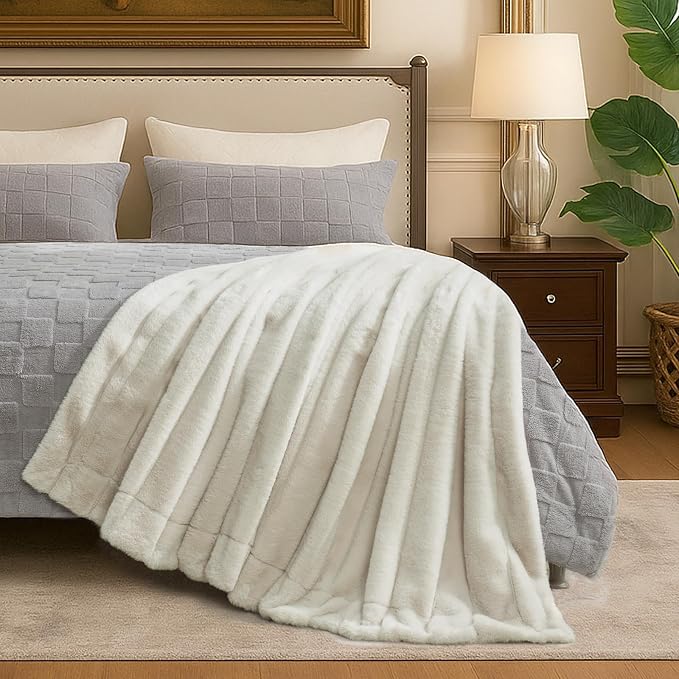 Cozy Bliss Deluxe Sheared Rabbit Faux Fur Throw Blanket, Soft Fuzzy High-Low - Image 3