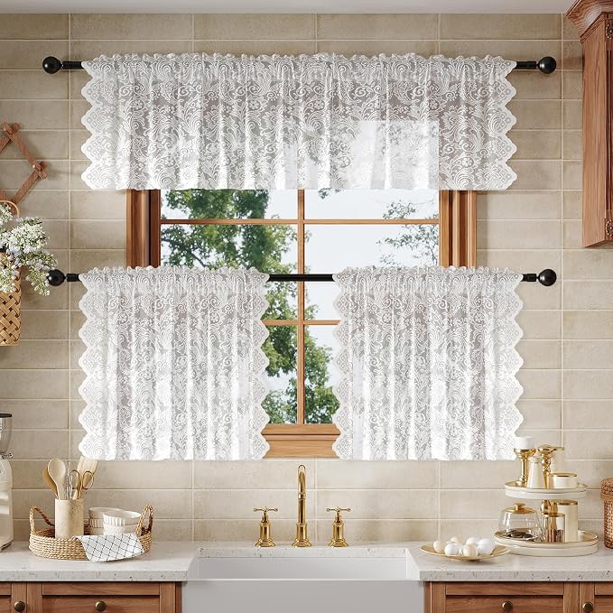 Rinwoc White Lace Semi-Sheer Valance Curtains – Vintage Floral Lace - Image 3